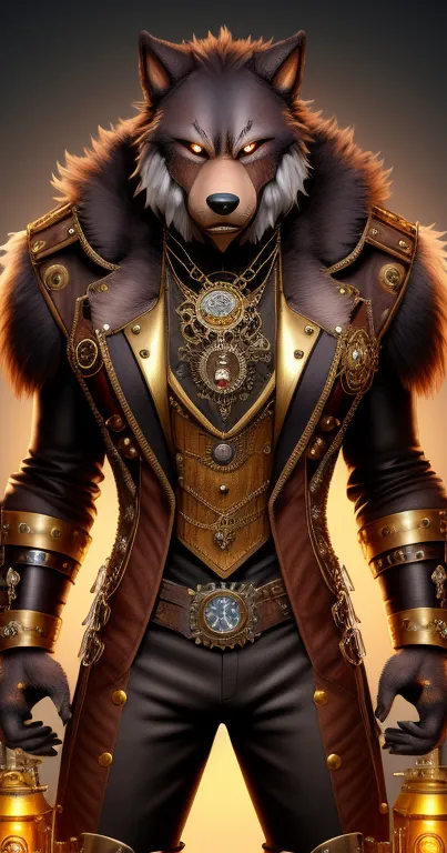 Steampunk wolf with gold accents in a detailed illustration.