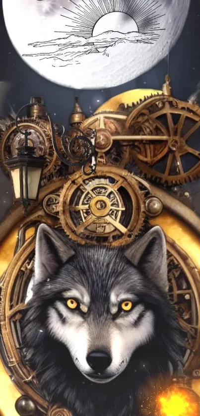 Steampunk wolf with intricate gears and a moon.