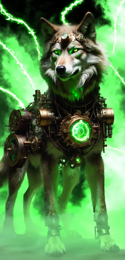 Steampunk wolf with neon green accents in a fantasy setting.