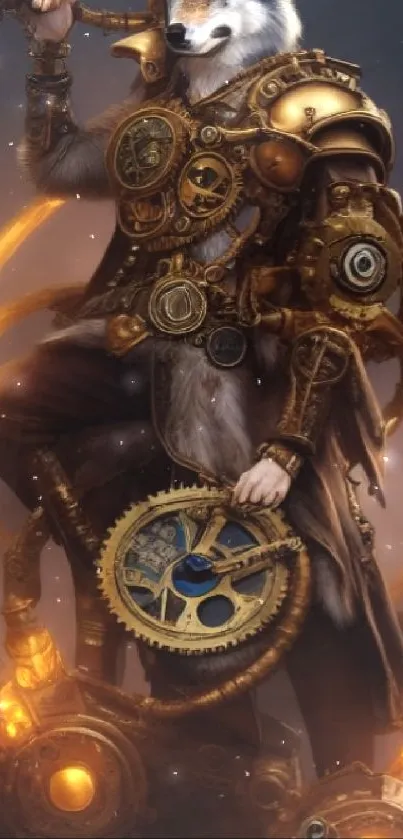 Steampunk wolf warrior in golden armor with gears.