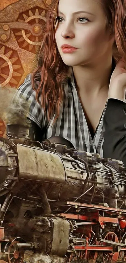 Steampunk art mobile wallpaper with train and woman.