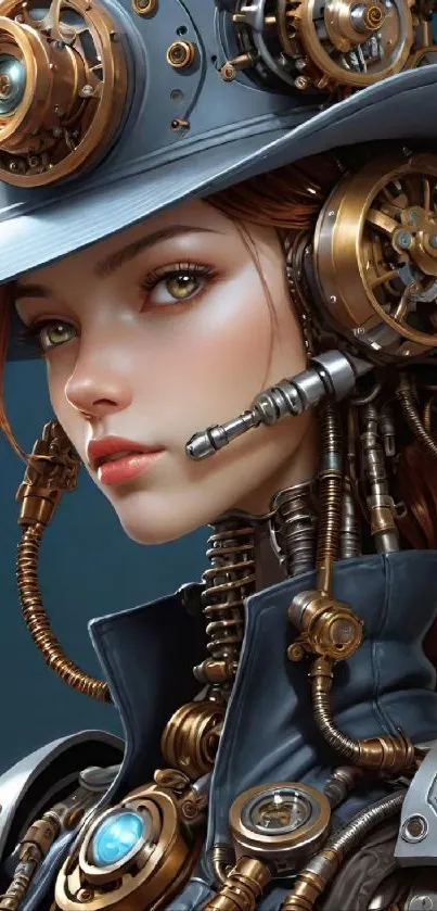 Steampunk-inspired woman in digital art with gears and mechanical elements.