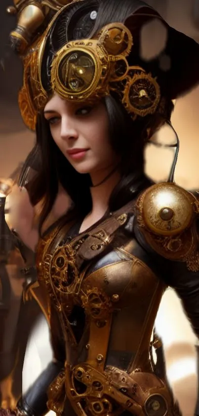 Steampunk woman in artistic gear and costume, bronze tones.