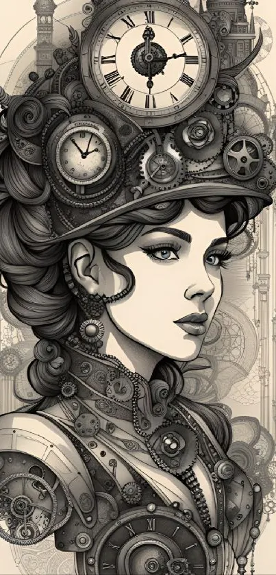 Steampunk woman illustration with intricate clockwork details in beige tones.