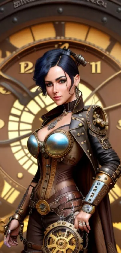 Steampunk woman with clockwork attire in bronze palette background.