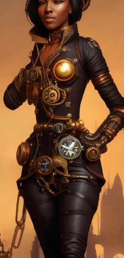 Steampunk woman in intricate attire with a mystical background.