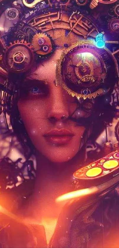 Steampunk-inspired wallpaper with gears and a woman's portrait in vibrant colors.