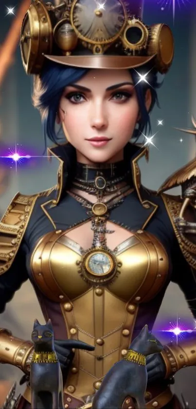 Steampunk woman in elaborate attire with fantasy elements.