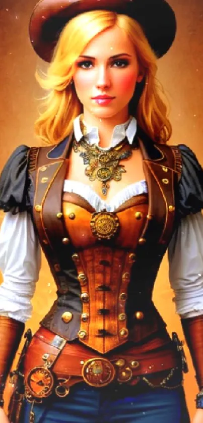 Steampunk woman in Victorian attire with gears and clockwork design.