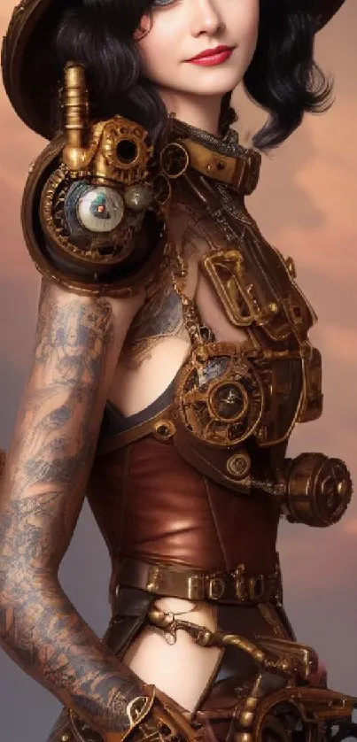 Steampunk woman with mechanical elements in bronze tones.