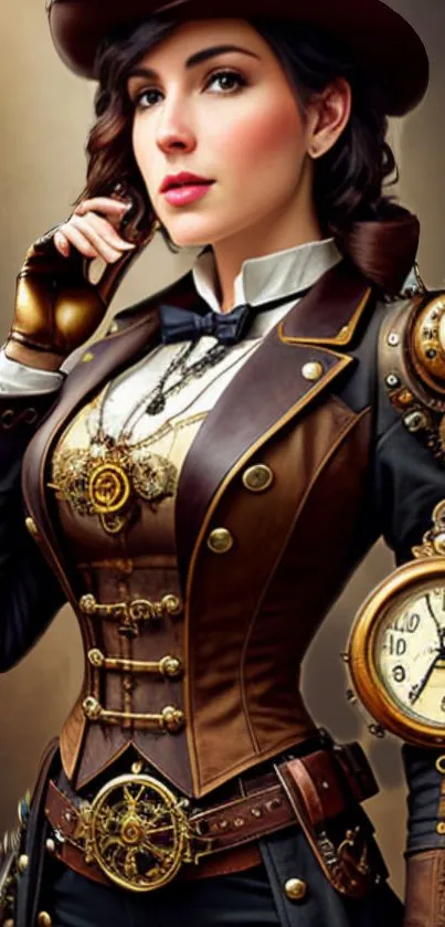 Steampunk woman in detailed attire with clockwork elements.