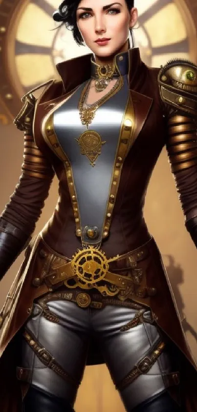 Steampunk woman in brown outfit with clockwork details.