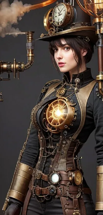 Steampunk woman with gears and clockwork on dark background.