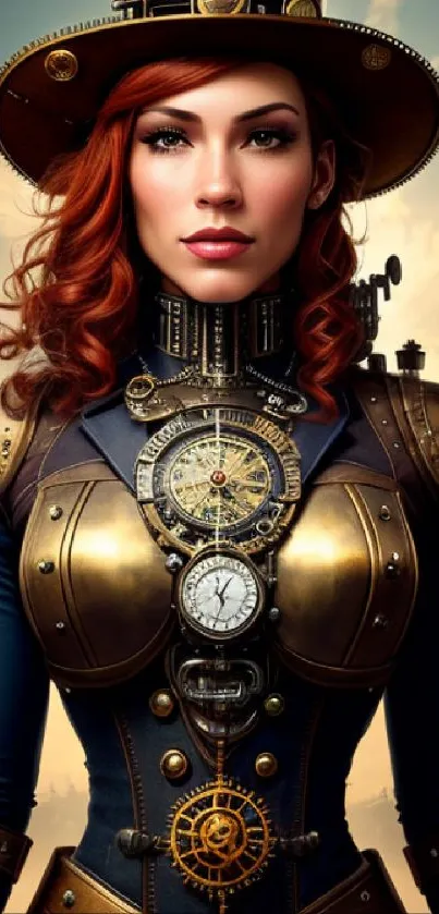 Steampunk woman in clockwork attire set against a vintage sky.