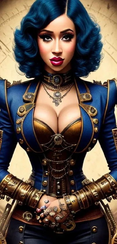 Steampunk woman with blue hair in a gold and blue outfit.