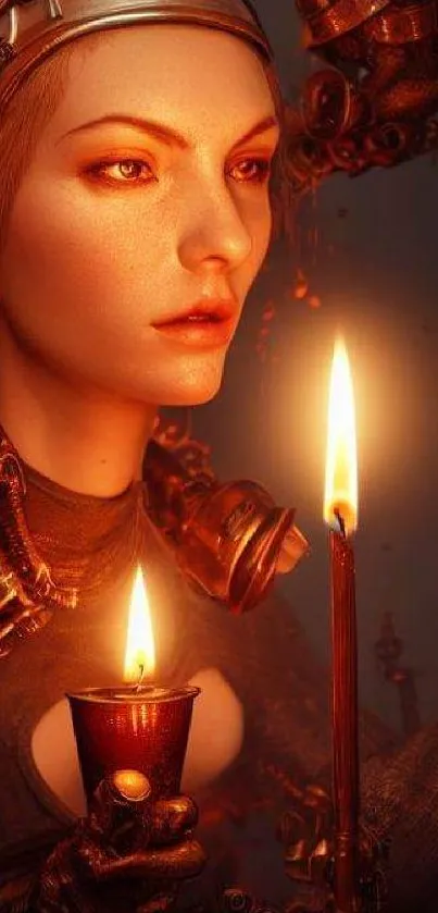 Steampunk woman holding candles in dark artwork.