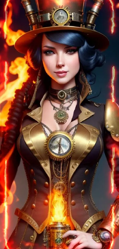 Steampunk woman with fiery flames and intricate gear art.