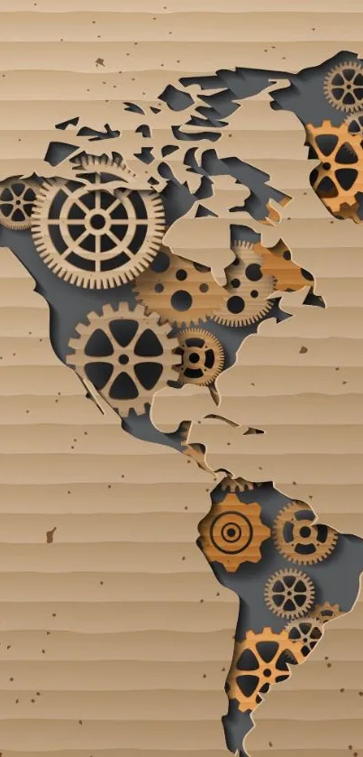 Steampunk world map with intricate gears on phone wallpaper.