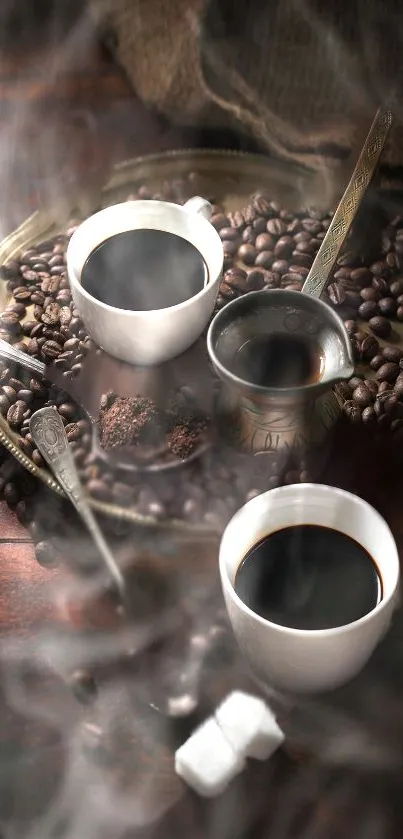 Steamy coffee cups surrounded by coffee beans on a rustic platter.