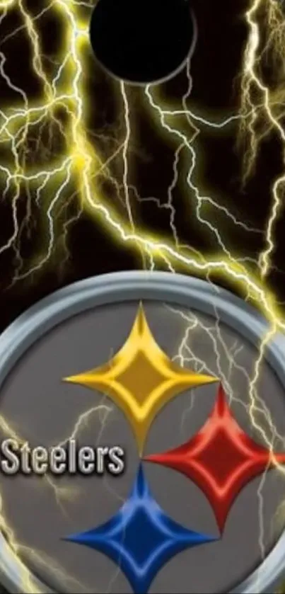 Steelers logo with lightning background.