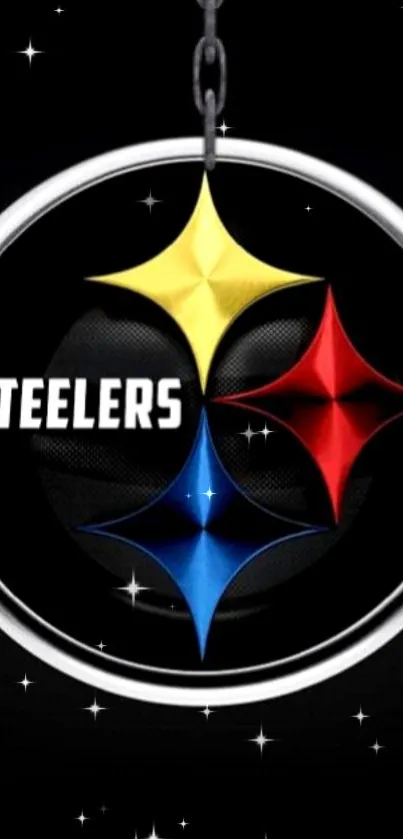 Steelers logo with colorful stars on a black background wallpaper.