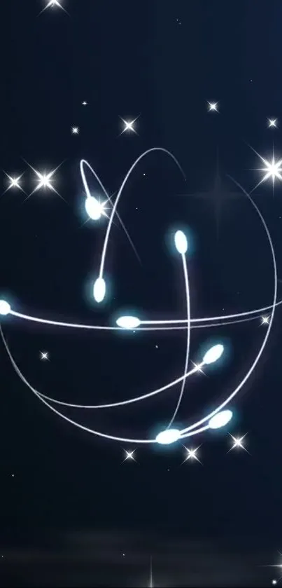 Dark blue wallpaper with glowing orbs and sparkling stars.