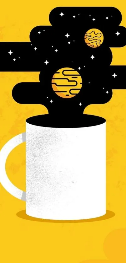 Yellow background with a coffee mug and planets.