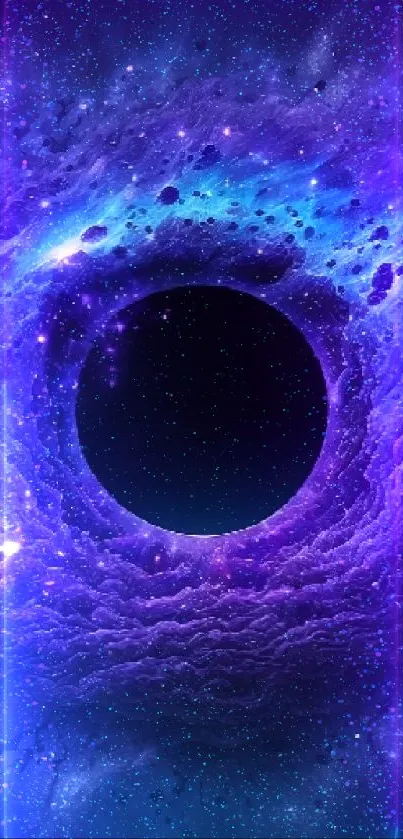 A mesmerizing purple cosmic black hole with blue hues on a starry background.