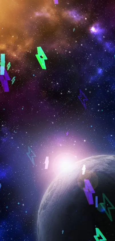 Mobile wallpaper of cosmic scene featuring a planet and colorful nebula.