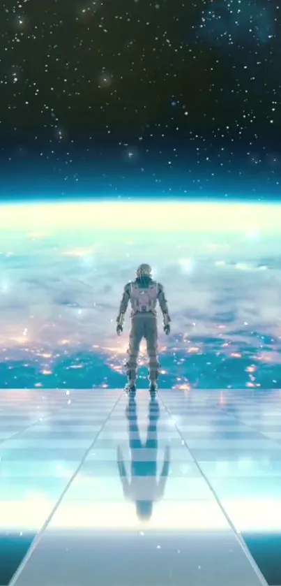 Astronaut on luminous platform overlooking Earth with starry galaxy backdrop.