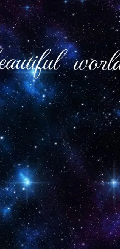 Blue galaxy with stars and 'beautiful world' text.