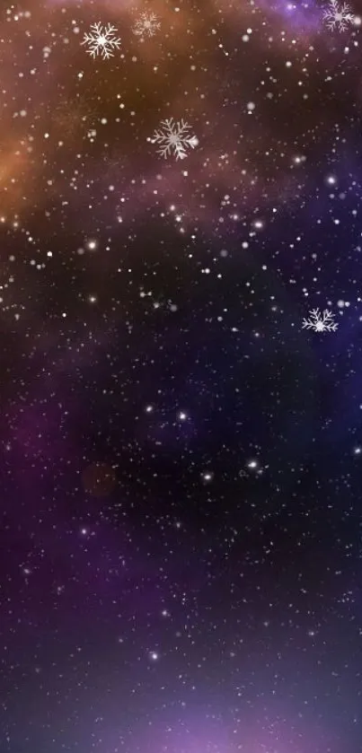 Galaxy night wallpaper with stars, snowflakes, and purple-orange gradients.