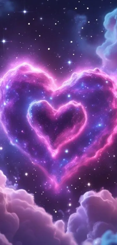 Violet nebula heart with stars and clouds in space.