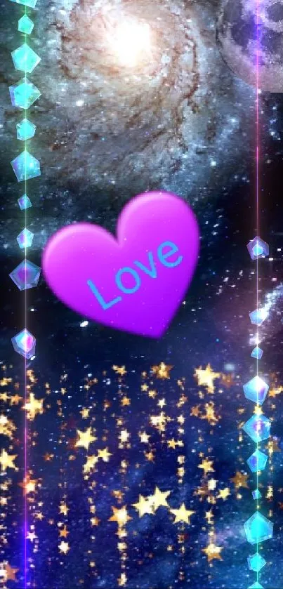 Blue galaxy wallpaper with stars and a pink heart.