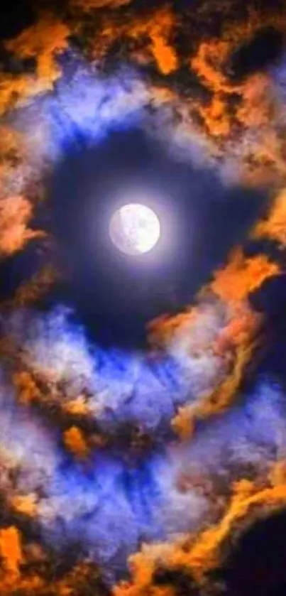 Radiant moon with swirling colorful clouds in a vivid night sky wallpaper.