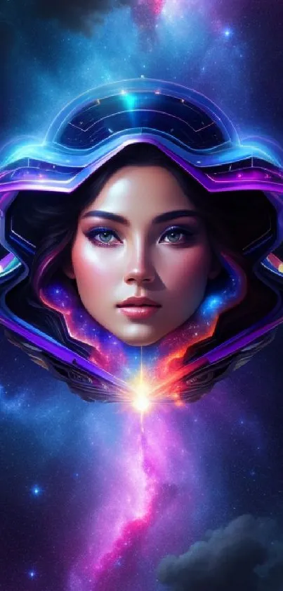 Futuristic neon cosmic portrait wallpaper with vibrant colors and celestial design.