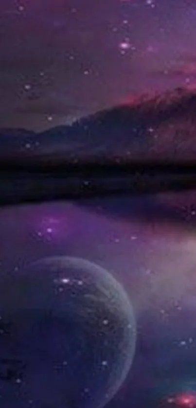 Stunning mobile wallpaper of a purple night sky with stars and a planet.