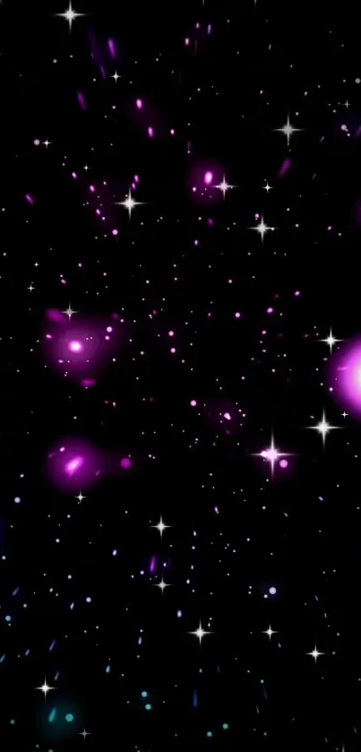 Purple galaxy wallpaper with glowing stars and cosmic elements.