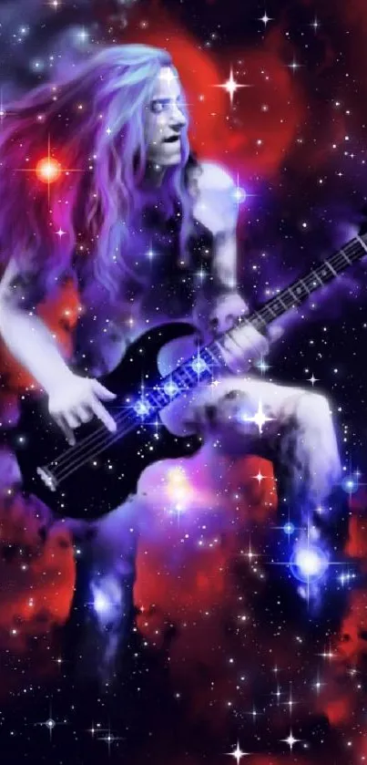 Rock musician in a cosmic starry nebula setting.