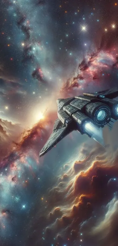 Spaceship soaring through nebula and stars in deep space.