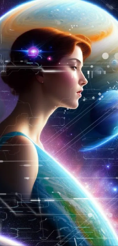 Visionary woman gazing at planets in a galaxy-themed wallpaper.