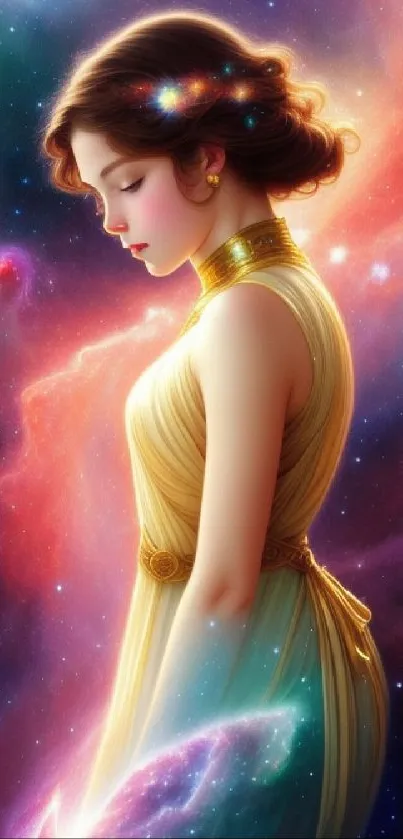 Elegant woman stands with cosmic background and colorful stars.