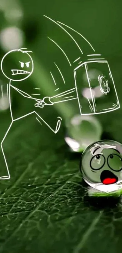 Stick figure smashing a droplet on a green leaf background.