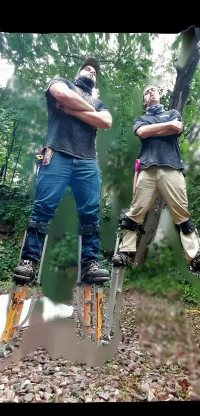 Two people on stilts in the forest, arms crossed.