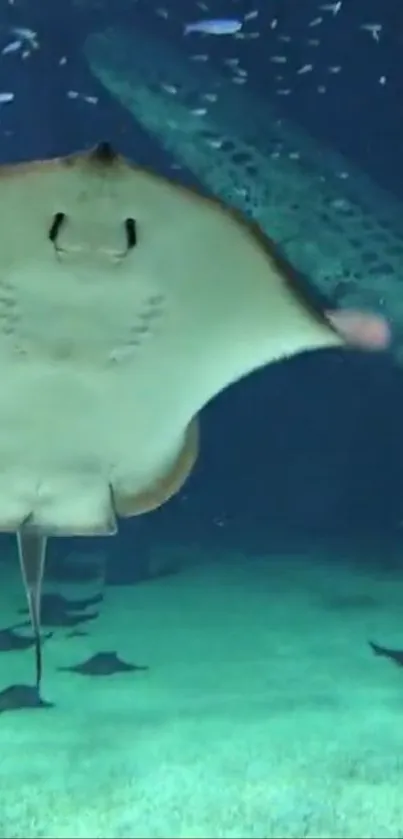 A graceful stingray glides through deep blue ocean waters.