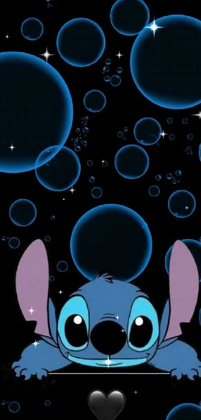 Cute Stitch wallpaper with bubbles on a dark background.