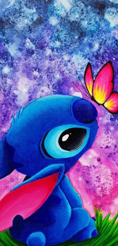 Cute blue creature and butterfly art under a starry sky.