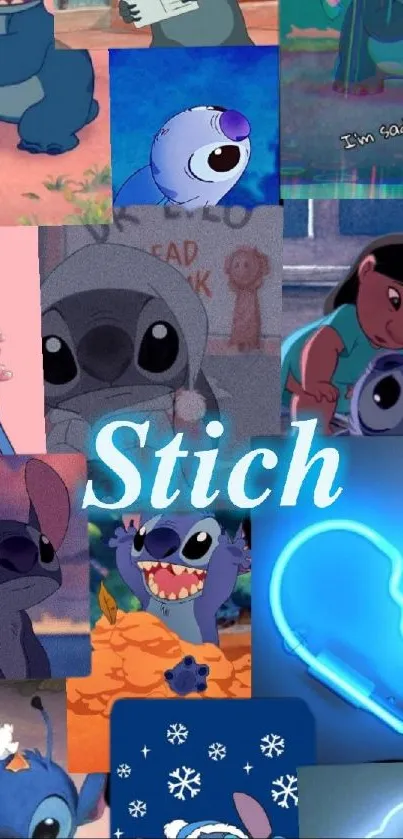 Vibrant Stitch collage wallpaper with blue tones and Disney themes.