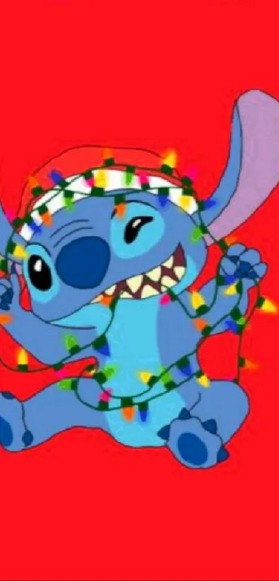 Stitch tangled in Christmas lights on red background.