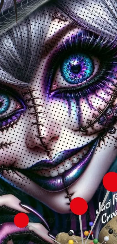 Stitch face doll with vibrant eyes and stitches, blending horror and fantasy.